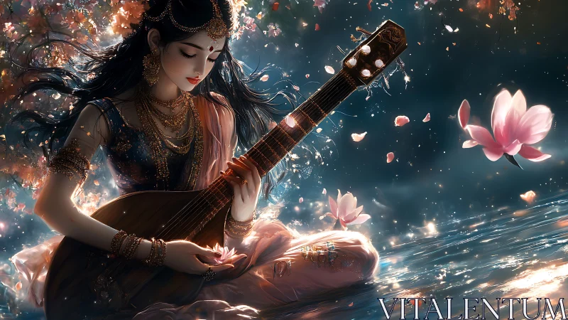 Mystical woman with sitar beside glowing lotus petals.