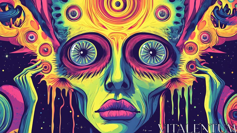 Psychedelic alien portrait distorts vision and cosmic form