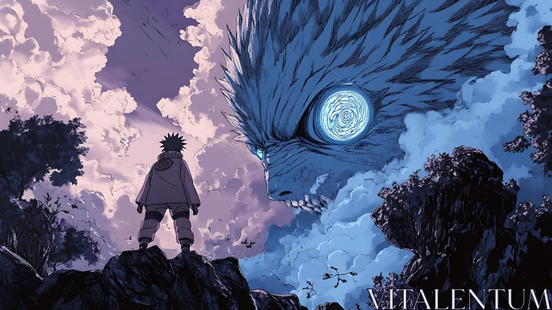 Stormlit anime confrontation with colossal sky beast.