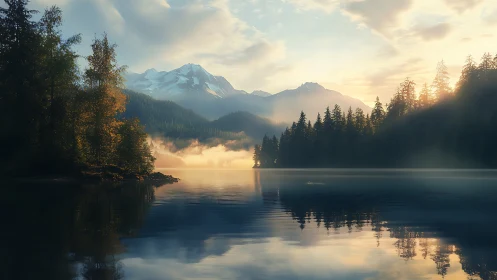 Gentle sunrise over a misty mountain lake haven.