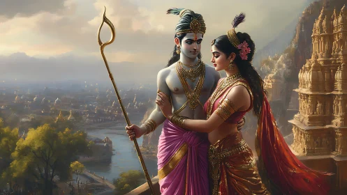 Divine lovers embrace above a golden riverside temple city