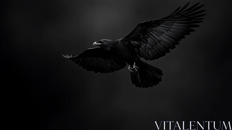 Midnight raven gliding through a sea of quiet shadow.