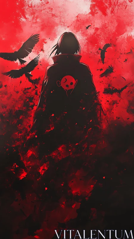 Silhouetted figure stands in red abstract field with flying crows