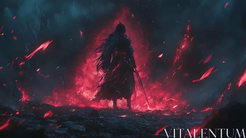 Solitary armored figure before red inferno portal field.