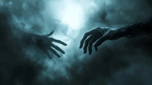 Reaching hands in misty light, suspended between worlds.