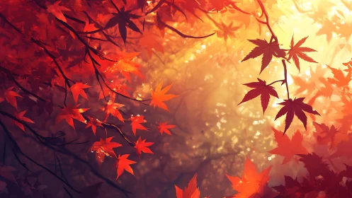 Backlit autumn maple canopy renders glowing bokeh atmosphere