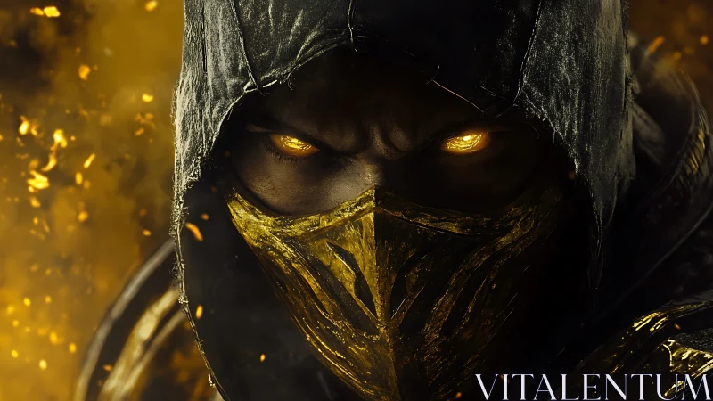 Hooded fire warrior with molten golden gaze in darkness.