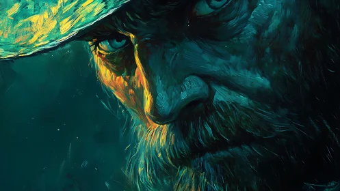 Weathered gaze in teal and gold, a quiet storm of emotion.