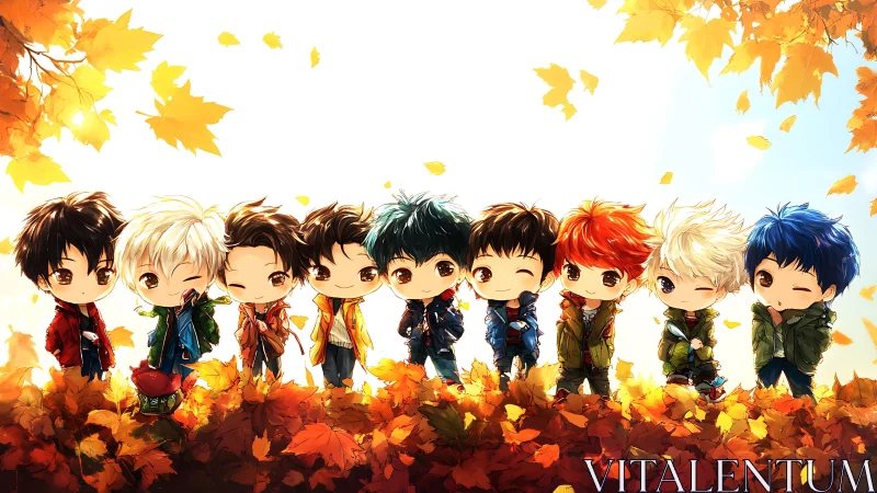 Cozy chibi friends sharing bright autumn leaves together.