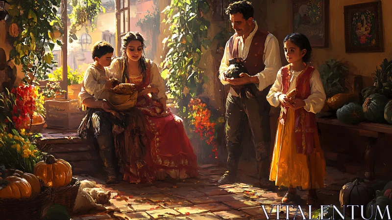 Sunlit family harvest shares warm rustic courtyard moment