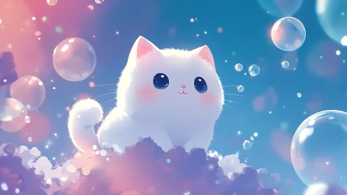 Luminescent white feline character rendered in soft-focus 3D with iridescent bubble refraction eleme