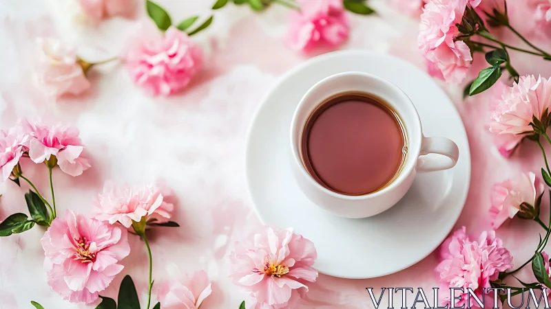 Pink Carnations Frame Steaming Tea in Porcelain Cup