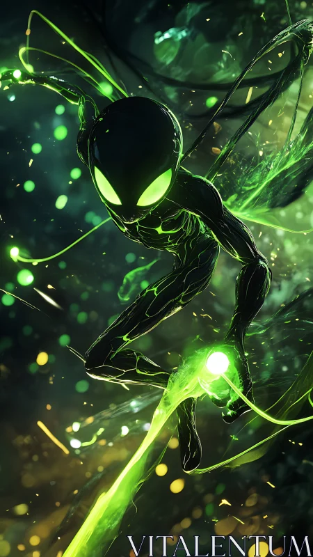 Luminous alien acrobat leaping through neon starlight.