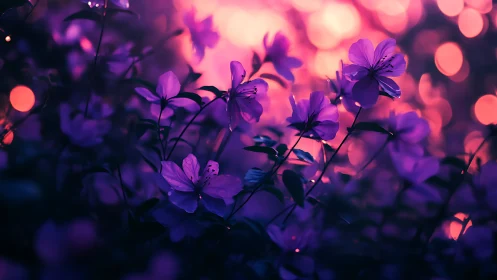 Purple flowers with warm bokeh lights in soft focus.