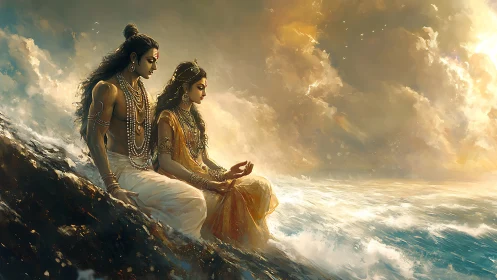 Divine lovers resting by a stormlit, shimmering ocean edge.