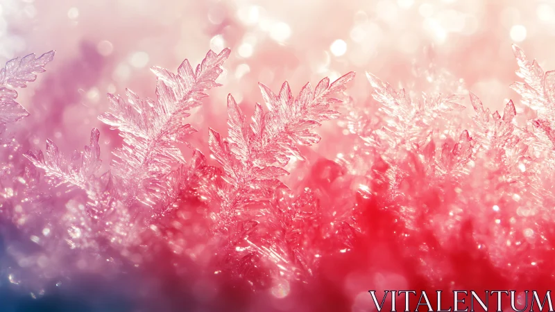 Delicate frost crystals glow in dreamy pink winter light