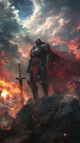 Star-forged knight crowned by a burning storm sky.