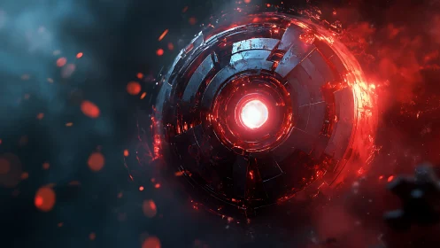 Futuristic mechanical sphere with central red energy core.