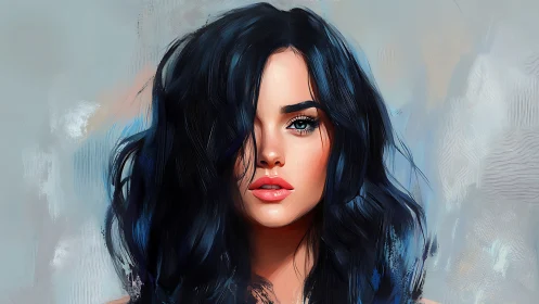 Digital portrait of woman with deep blue hair on soft ground