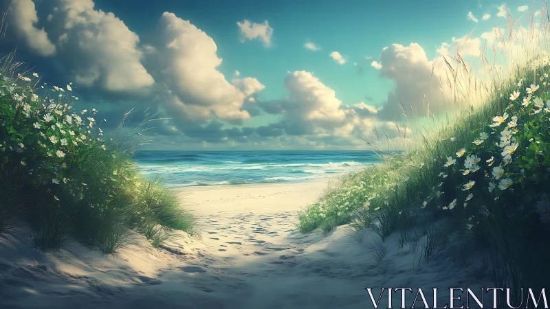 Sandy beach path framed by dunes and wild coastal flowers.
