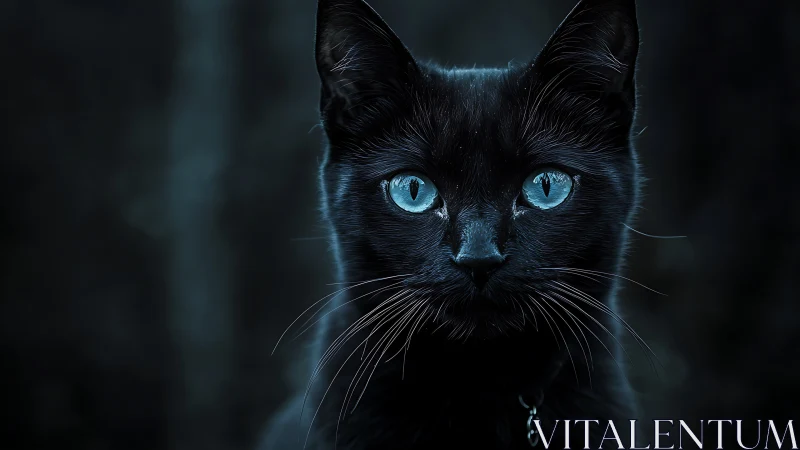 Black Feline with Cerulean Ocular Features in Atmospheric Darkness