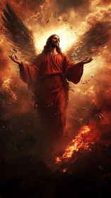 Fiery winged figure ascending amid storming embers and light.