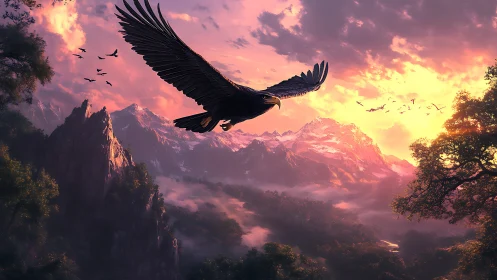 Majestic eagle soaring over misty mountains at sunset, digital art.