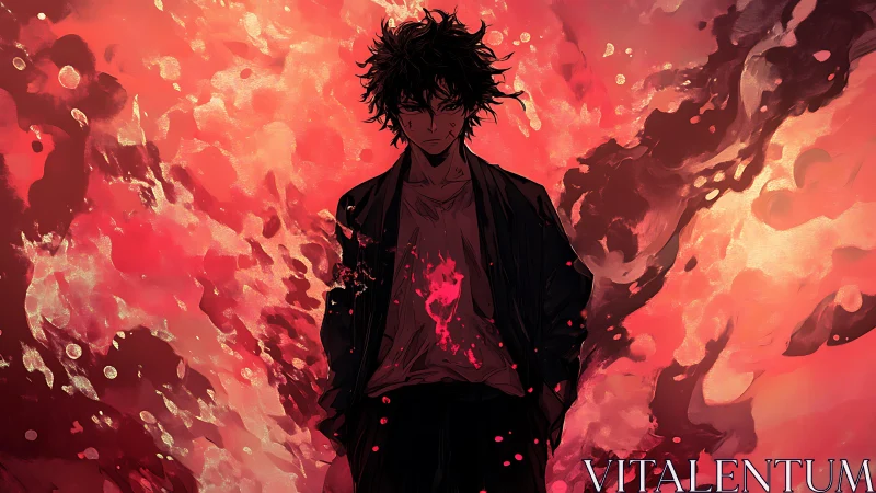 Brooding anime figure stands amid erupting crimson flames