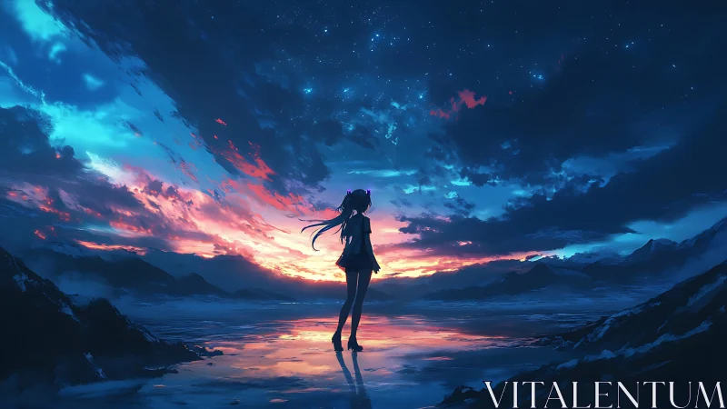 Silhouette girl stands on reflective shore under vivid sunset