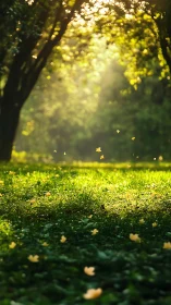 Sunlit woodland clearing with drifting yellow petals.