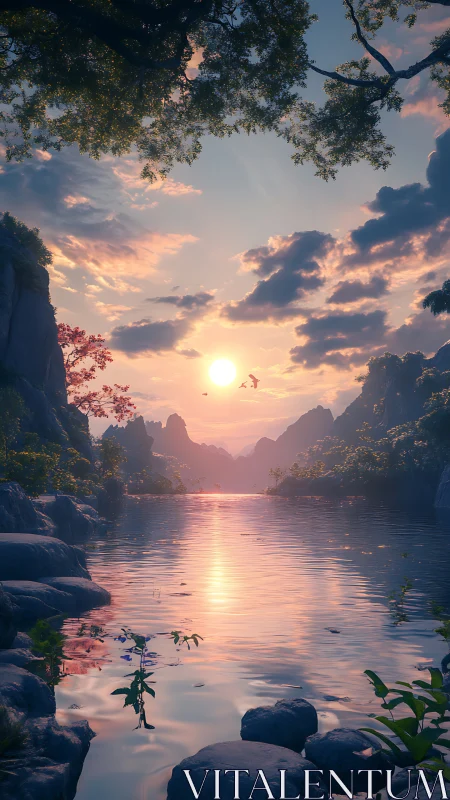 Sunset over calm river between rocky forested cliffs.