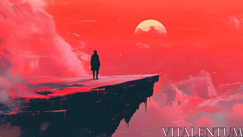 Solitary wanderer on a scarlet abyss beneath twin dusk.