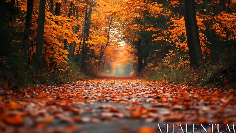 Autumn forest canopy with golden foliage creating atmospheric tunnel perspective