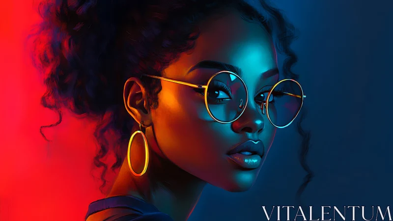 Neon-lit muse in gold frames between fire and midnight glow.