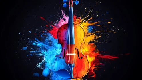 Violin stands centered against mirrored blue and orange paint bursts