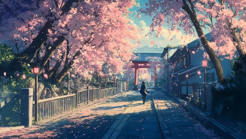 Cherry blossoms pour sunlight over a quiet shrine street