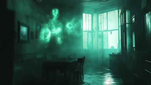 Ghostly green apparition forms in dim abandoned dining room
