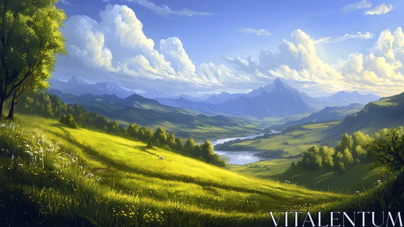 Sunlit valley dreams unfold beneath whispering mountains.