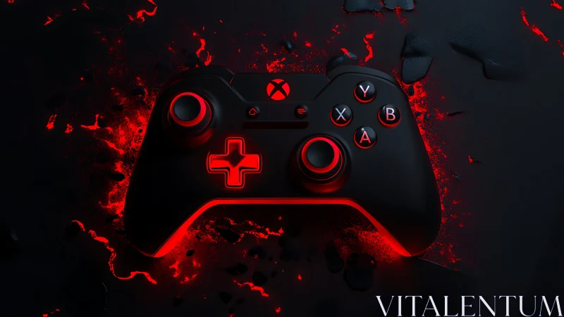 Black gaming controller over glowing red molten surface.
