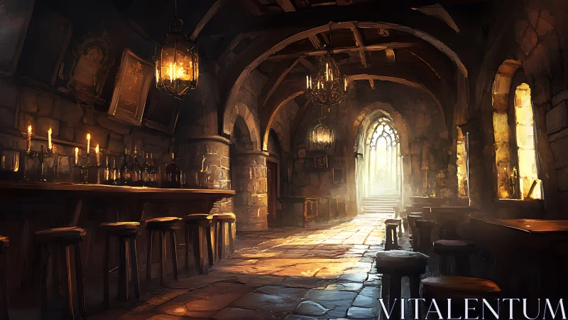 Sunlit medieval tavern interior glows with quiet warmth
