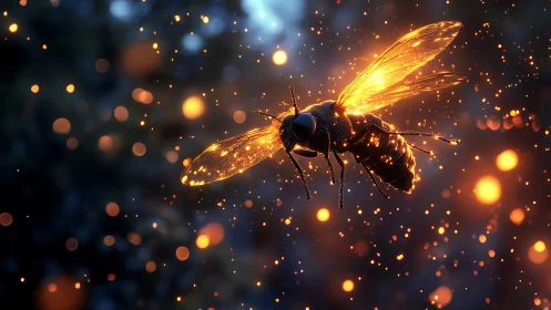 Luminous firefly hovers through glowing twilight embers.
