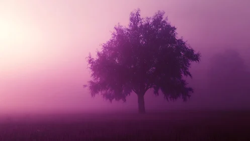 Solitary tree rises through violet dawn fog