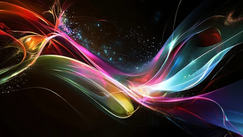 Spectral light ribbons arcing through deep black negative space