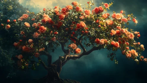 Blooming rose tree against dark teal forest backdrop.
