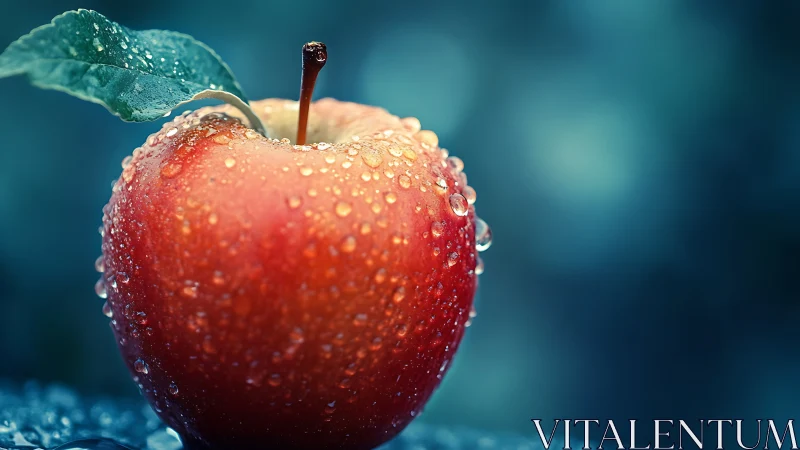 Red apple with water droplets against cool blue background.