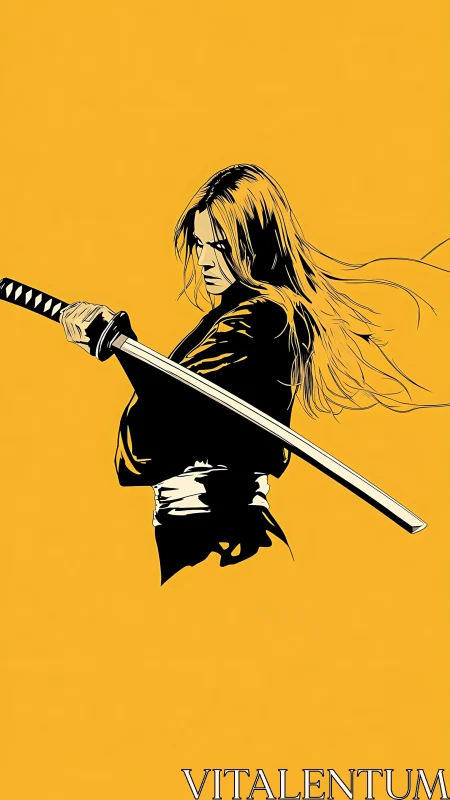 Female swordsman silhouette with katana on yellow field.