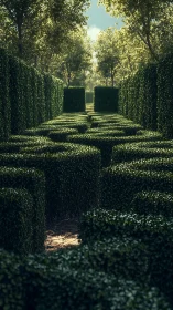 Sunlit garden hedge maze invites a calm, curious wander