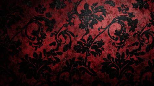 Baroque black damask pattern over distressed red wall