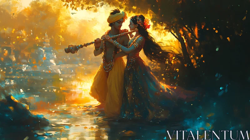 Krishna and Radha: Divine Encounter in Golden Luminescence. Digital Rendering.