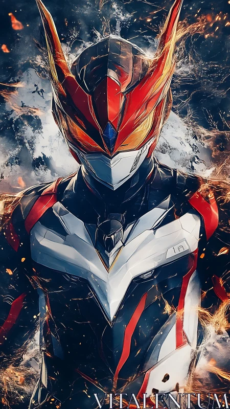 Armored cyber warrior stands amid burning storm embers.